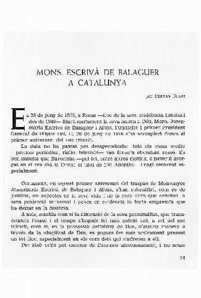 Mons. Escrivá de Balaguer a Catalunya. [Artículo de revista]