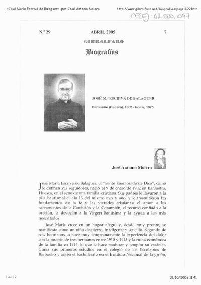 José Mª Escrivá de Balaguer: Barbastro (Huesca), 1902 - Roma, 1975. [Artículo de revista]