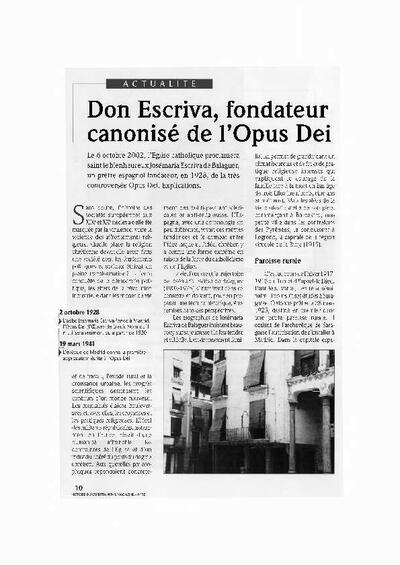 Don Escriva, fondateur canonisé de l’Opus Dei. [Artículo de revista]
