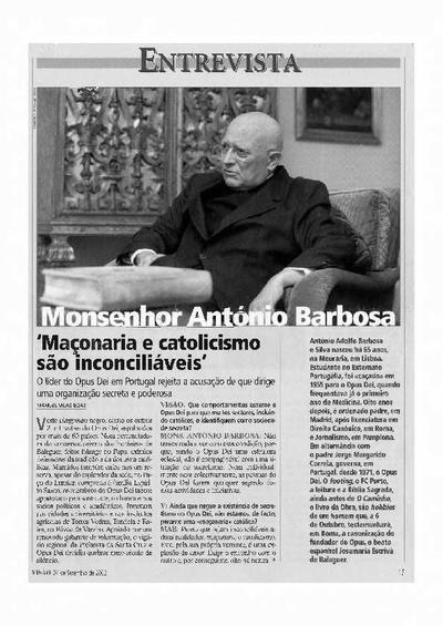 Monsenhor António Barbosa: «Maçonaria e catolicismo são inconciliáveis» [Entrevista realizada por Manuel Vilas-Boas]. [Journal Article]