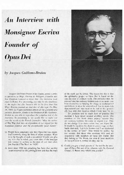 An interview with Monsignor Escriva founder of Opus Dei. [Folleto]