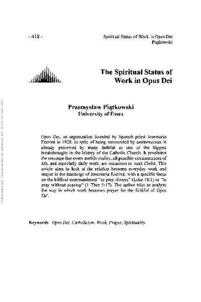 The Spiritual Status of Work in Opus Dei. [Artículo de revista]