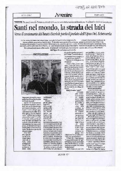 Santi nel mondo, la strada dei laici [Entrevista realizada por Francesco Ognibene]. [Newspaper Article]