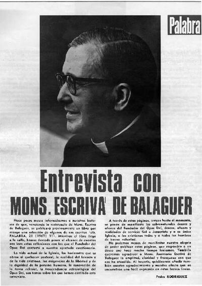 Entrevista con Mons. Escriv&aacute; de Balaguer [realizada por Pedro Rodr&iacute;guez]. [Art&iacute;culo de revista]