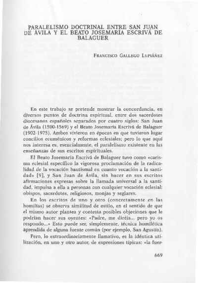 Paralelismo doctrinal entre San Juan de &Aacute;vila y el Beato Josemar&iacute;a Escriv&aacute; de Balaguer. [Art&iacute;culo de revista]