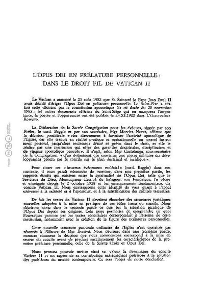 L’Opus Dei en prélature personnelle: dans le droit fil de Vatican II. [Journal Article]