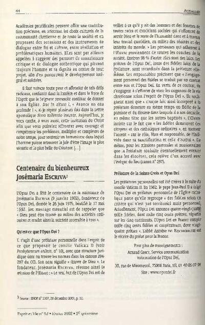 Centenaire du bienheureux Josémaria Escriva. [Journal Article]