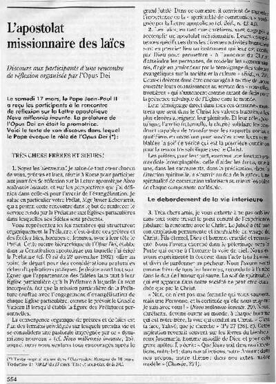 L’apostolat missionnaire des laïcs. Discours aux participants d’une recontre de réflexion organisée par l’Opus Dei. [Artículo de revista]