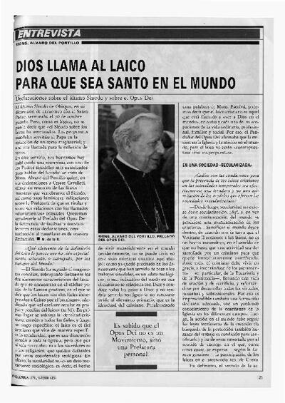 Dios llama al laico para que sea santo en el mundo. Declaraciones sobre el &uacute;ltimo S&iacute;nodo y sobre el Opus Dei [Entrevista realizada por Cesare Cavalleri]. [Art&iacute;culo de revista]