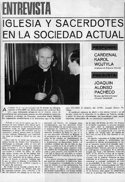 Iglesia y sacerdotes en la sociedad actual [Entrevista realizada por Joaqu&iacute;n Alonso Pacheco, director del Centro Romano d&rsquo; Incontri Sacerdotali]. [Art&iacute;culo de revista]