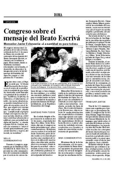 Congreso sobre el mensaje del Beato Escriv&aacute;. Monse&ntilde;or Javier Echevarr&iacute;a: &laquo;La santidad es para todos&raquo;. [Art&iacute;culo de revista]