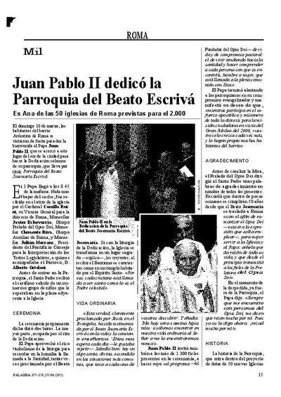 Juan Pablo II dedic&oacute; la parroquia del Beato Escriv&aacute;. Es una de las 50 iglesias de Roma previstas para el 2000. [Art&iacute;culo de revista]
