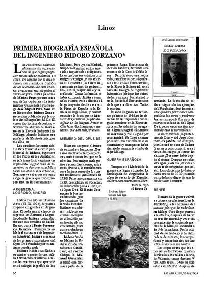 Primera biograf&iacute;a espa&ntilde;ola del ingeniero Isidoro Zorzano. [Art&iacute;culo de revista]