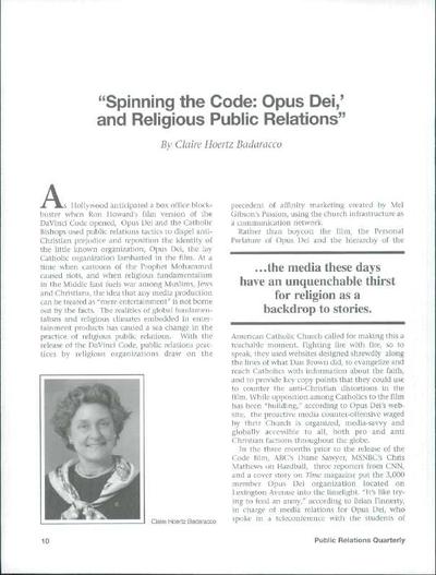 Spinning the Code: Opus Dei, and Religious Public Relations. [Journal Article]