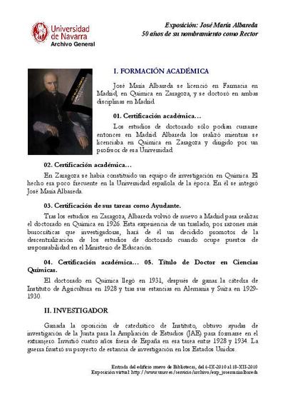 Exposición: José María Albareda, 50 años de su nombramiento como Rector. [Folleto]