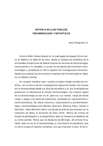 Antonio Millán Puelles, fenomenólogo y metafísico. [Journal Article]