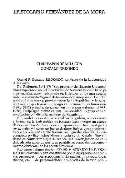 Epistolario Fernández de la Mora: Correspondencia con Gonzalo Redondo. [Journal Article]
