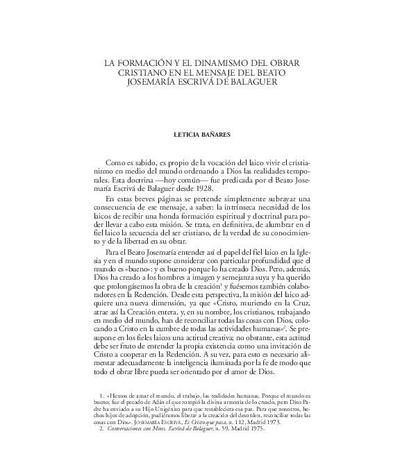 La formación y el dinamismo del obrar cristiano en el mensaje del beato Josemaría Escrivá de Balaguer. [Book Section]