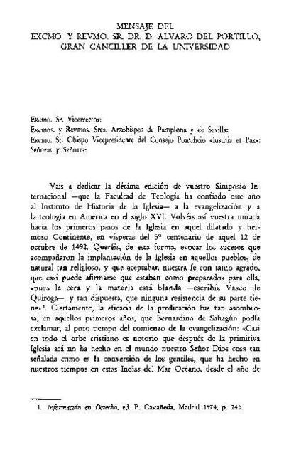 Mensaje del Excmo. y Revmo. Sr. Dr. D. Alvaro del Portillo, Gran Canciller de la Universidad. [Parte de un libro]