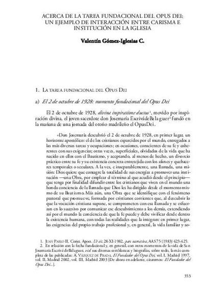 Acerca de la tarea fundacional del Opus Dei: un ejemplo de interacción entre carisma e institución en la Iglesia. [Book Section]