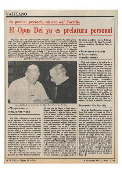 El Opus Dei ya es prelatura personal: su primer prelado, Álvaro del Portillo. [Journal Article]