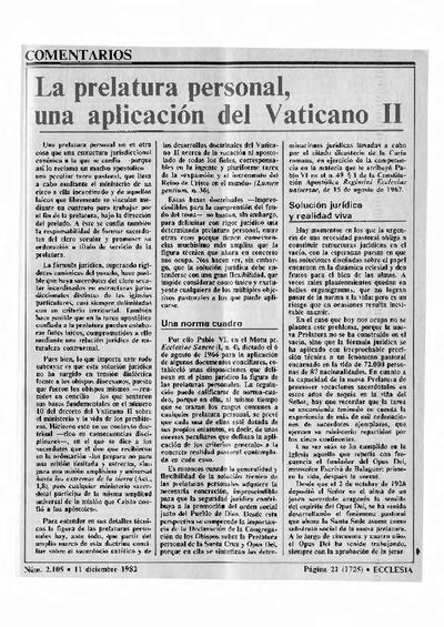 La prelatura personal, una aplicación del Vaticano II. [Artículo de revista]