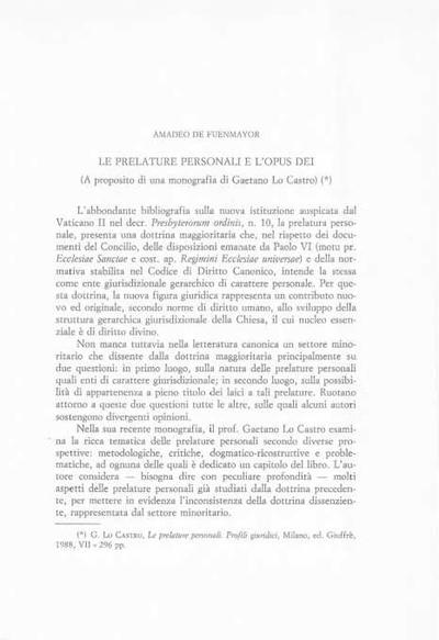 Le prelature personali e l’Opus Dei: A proposito di una monografia di Gaetano Lo Castro. [Artículo de revista]