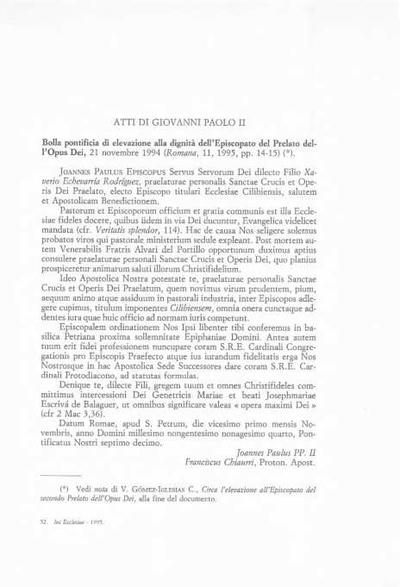 Bolla pontificia di elevazione alla dignità dell’Episcopato del Prelato dell’Opus Dei, 21 novembre 1994. [Journal Article]