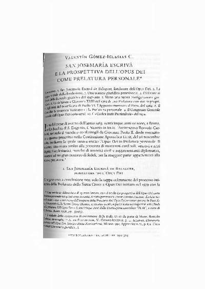 San Josemaría Escrivá e la prospettiva dell’Opus Dei come Prelatura Personale. [Journal Article]