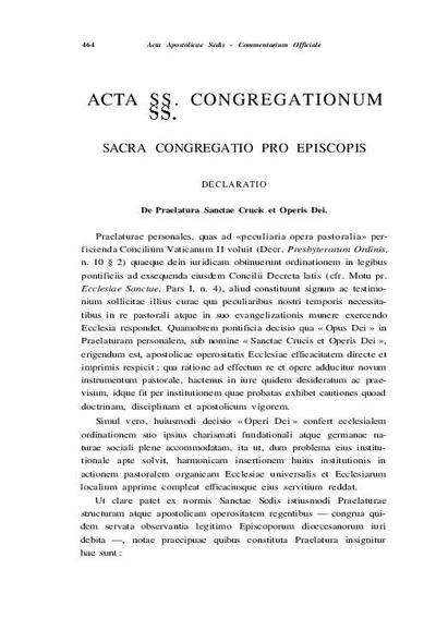 Declaratio: De Praelatura Sanctae Crucis et Operis Dei. [Journal Article]
