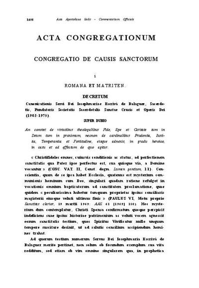 «Romana et Matriten». Decretum Canonizationis Servi Dei Josephmariae Escrivá de Balaguer, Sacerdotis, Fundatoris Societatis  Sacerdotalis Sanctae Crucis et Operis Dei (1902-1975). [Journal Article]