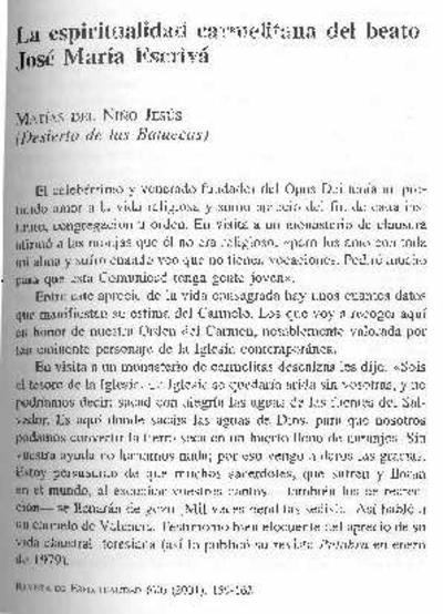 La espiritualidad carmelitana del beato José María Escrivá. [Journal Article]