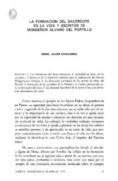 La formación del sacerdote en la vida y escritos de monseñor Álvaro del Portillo. [Artículo de revista]