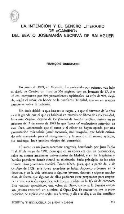 La intención y el género literario de «Camino» del Beato Josemaría Escrivá de Balaguer. [Artículo de revista]