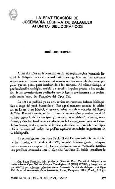 La beatificación de Josemaría Escrivá de Balaguer. Apuntes bibliográficos. [Artículo de revista]