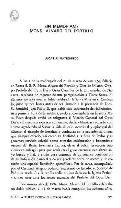 «In memoriam» mons. Alvaro del Portillo. [Journal Article]