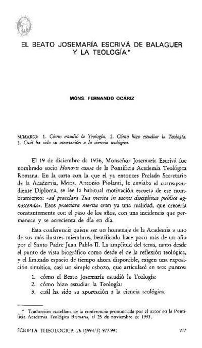 El beato Josemaría Escrivá de Balaguer y la teología. [Artículo de revista]