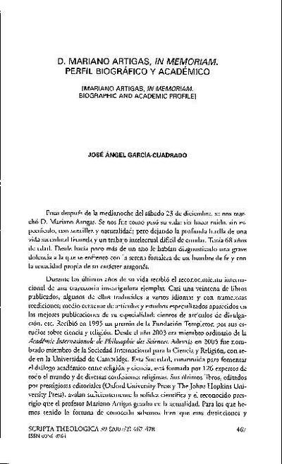 D. Mariano Artigas, <i>In memoriam</i>. Perfil biográfico y académico. [Journal Article]