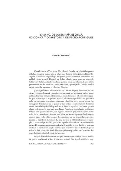 <i>Camino</i>, de Josemaría Escrivá, edición crítico-histórica de Pedro Rodríguez. [Journal Article]