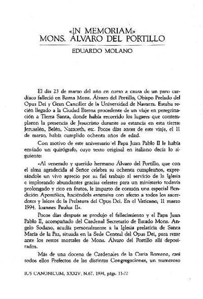 «In memoriam» mons. Alvaro del Portillo. [Journal Article]