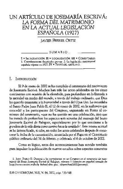 Un artículo de Josemaría Escrivá: la forma del matrimonio en la actual legislación española (1927). [Artículo de revista]