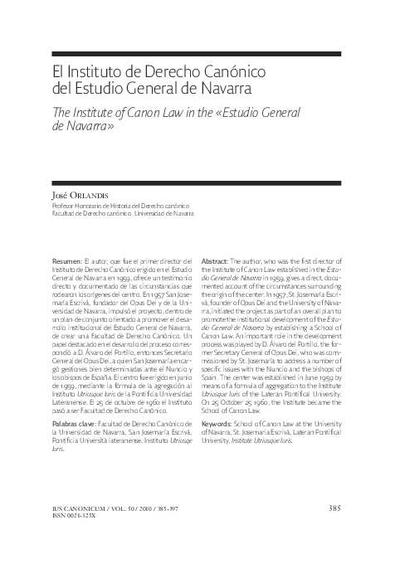 El Instituto de Derecho Canónico del Estudio General de Navarra. [Journal Article]