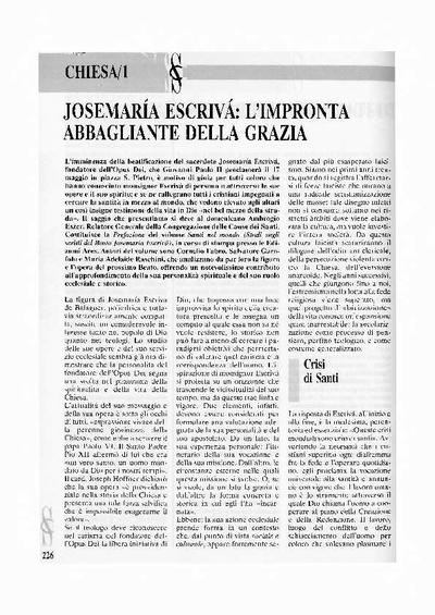 Josemaría Escrivá: l’impronta abbagliante della grazia. [Artículo de revista]