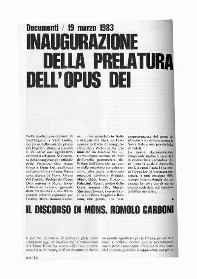 Inaugurazione della prelatura dell’Opus Dei. 19 marzo 1983. [Journal Article]