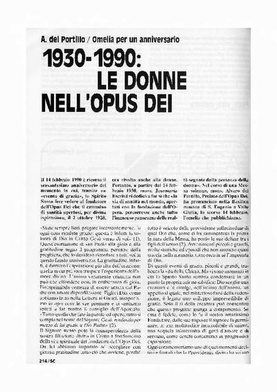 1930-1990: le donne nell’Opus Dei. Omelia per un anniversario. [Artículo de revista]