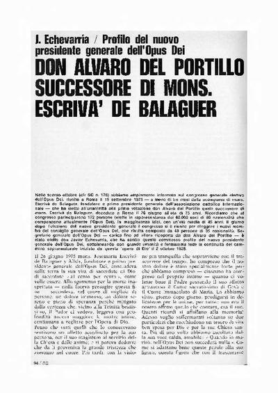 Don Álvaro del Portillo successore di mons. Escrivá de Balaguer: profilo del nuovo presidente generale dell’Opus Dei. [Artículo de revista]