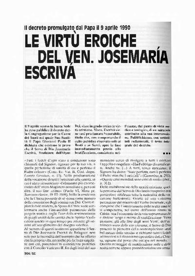 Le virtù eroiche del ven. Josemaría Escrivá. Il decreto promulgato dal Papa il 9 aprile 1990. [Artículo de revista]