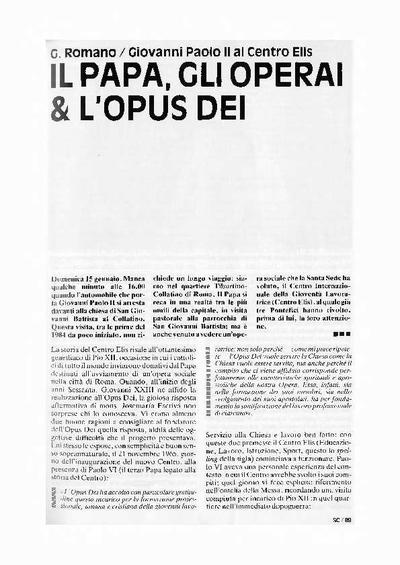 Il Papa, gli operai & l’Opus Dei. Giovanni Paolo II al Centro Elis. [Artículo de revista]