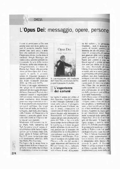 L’Opus Dei: messaggio, opere, persone. [Journal Article]
