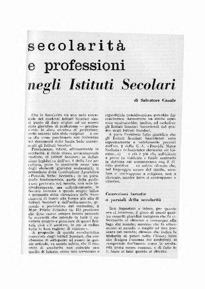Secolarità e professioni negli Istituti Secolari. [Artículo de revista]